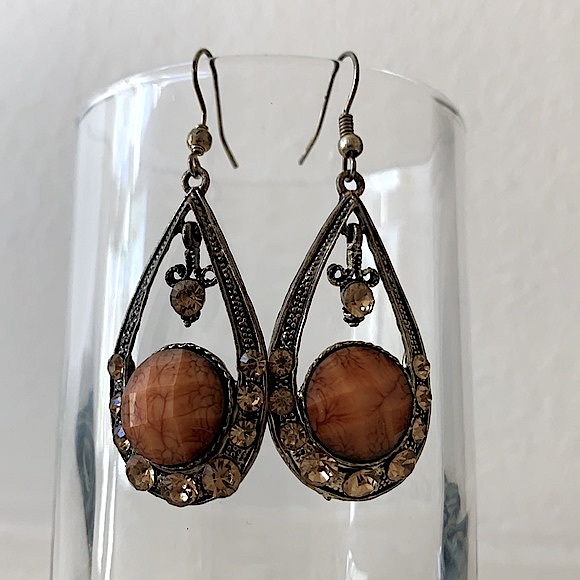 Vintage Metal and Orange Stone and Crystal Drop Earrings - Picture 2 of 11